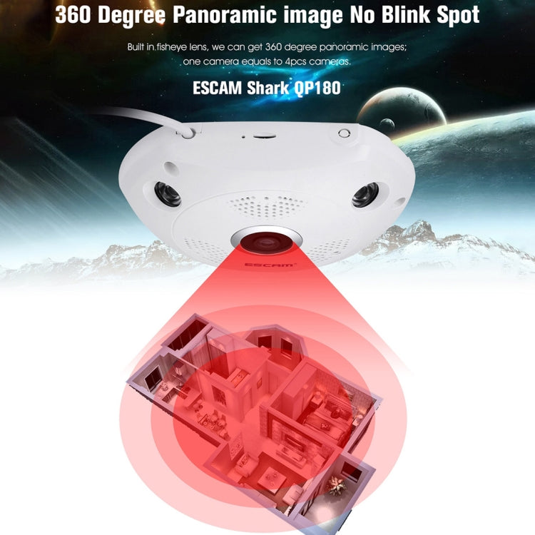 ESCAM Shark QP180 960P 360 Degrees Fisheye Lens 1.3MP WiFi IP Camera, Support Motion Detection / Night Vision, IR Distance: 10m, QP180 ESCAM Shark QP180 960P 360 Degrees Fisheye Lens 1.3MP WiFi IP Camera, Support Motion Detection / Night Vision, IR Distance: 10m, QP180